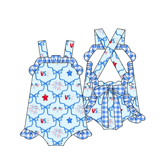 Preorder SR2787 National Day Blue Fireworks Flag Ruffle sleeveless romper baby girl Boutique Summer clothes 202502