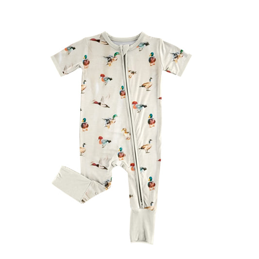 Preorder SR2789 duck hunting beige white zippy short sleeve romper baby boy Boutique Summer clothes 202502