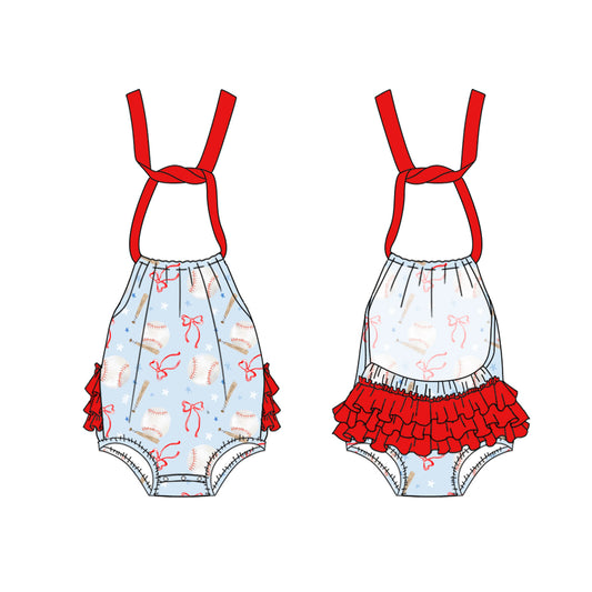 Preorder SR2795 Red ruffled bow blue baseball sleeveless romper baby girls Boutique Summer clothes 202502
