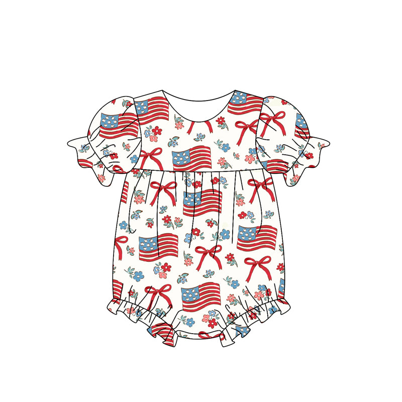 Preorder SR2802 White Red Blue flower flag bows short sleeve romper baby girls Boutique Summer outfit 202502