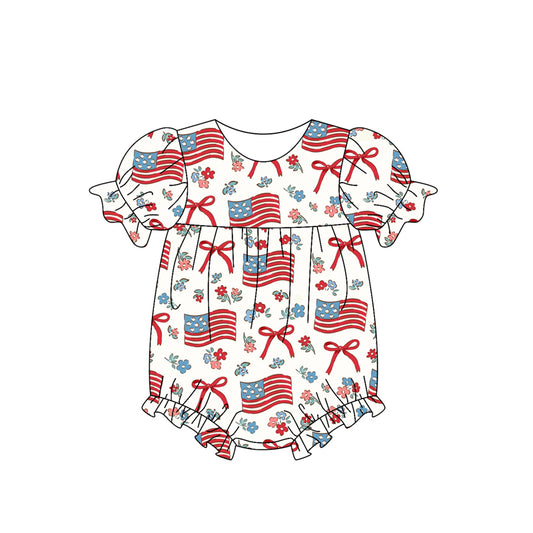Preorder SR2802 White Red Blue flower flag bows short sleeve romper baby girls Boutique Summer outfit 202502