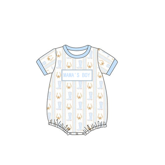 Preorder SR2804 Mamas boy blue boots striped short sleeve romper baby boy Boutique Summer outfit 202502