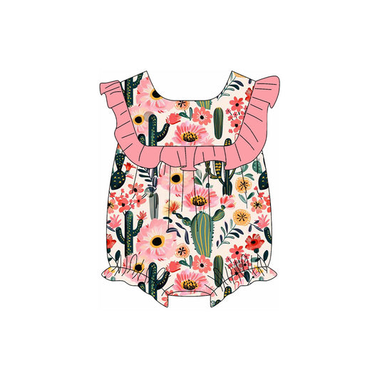 Preorder SR2805 Cactus Sunflowers Pink ruffled short sleeve romper baby girls Boutique Summer outfit 202502