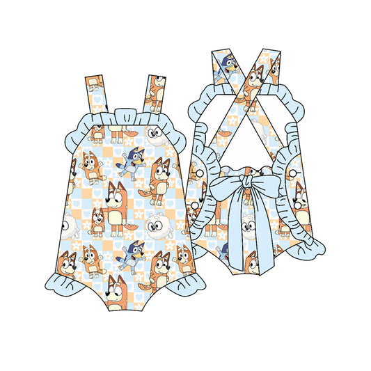 Preorder SR2807 Blue Cartoon Bluey ruffled bows sleeveless romper infant girls Boutique Summer outfit 202502
