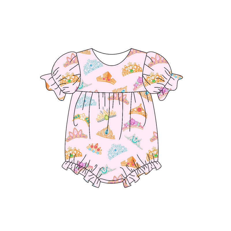 Preorder SR2808 Pink Princess tiara short sleeve romper baby girls Boutique Summer outfit 202502