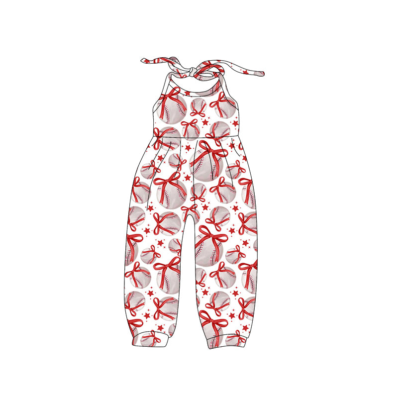 Preorder SR2809 Red Baseball Bows Sleeveless Romper Overall Jumpsuit Girls Boutique summer clothes 202502