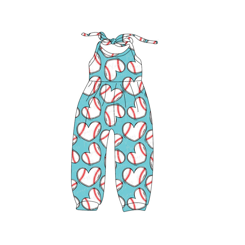Preorder SR2810 Blue Green Baseball love Sleeveless Romper Overall Jumpsuit Girls Boutique summer clothes 202502