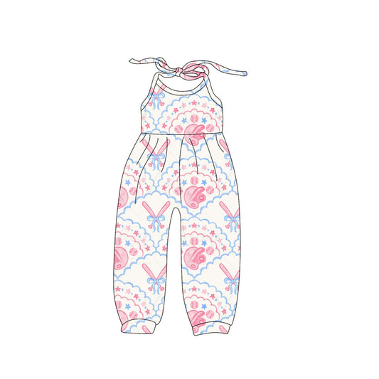 Preorder SR2812  Hot pink Baseball star bows Sleeveless Romper Overall Jumpsuit Girls Boutique summer clothes  202502