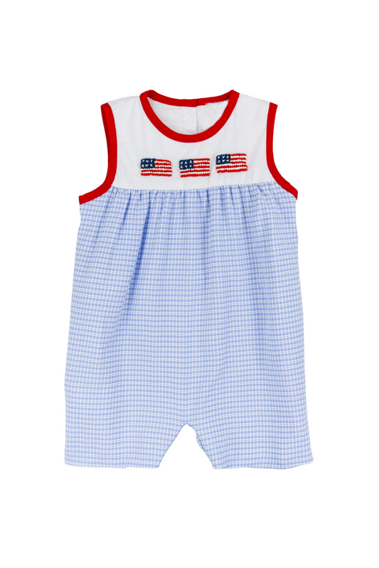 Preorder SR2816 Red blue plaid flag sleeveless romper baby boys Boutique Summer outfit 202502