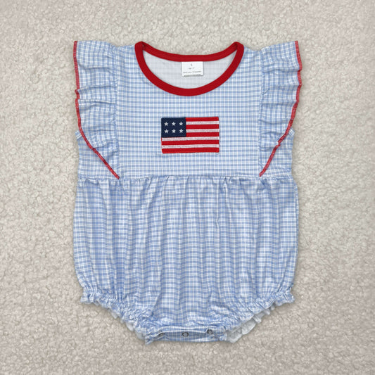 SR2817 4th of July Embroidered Flag Red blue ruffle plaid sleeveless romper baby girls Boutique Summer outfit 202504 RTS