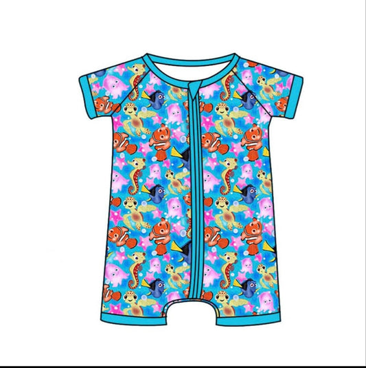 Preorder SR2825 blue cartoon minnow Tortoise zippy short sleeve romper baby boys Boutique Summer outfit 202502