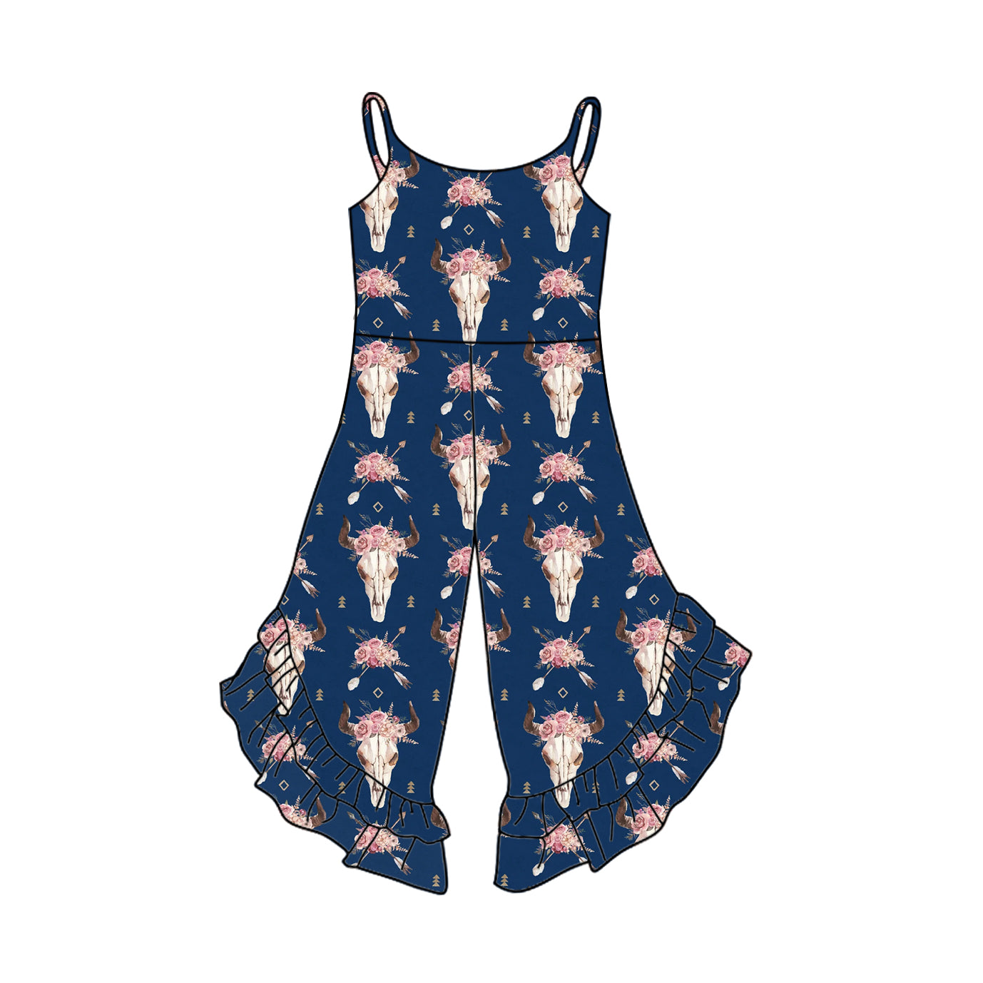 Preorder SR2832 Navy Blue Cow Flower ruffled Sleeveless Romper Overall Jumpsuit Girls Boutique clothes 202502