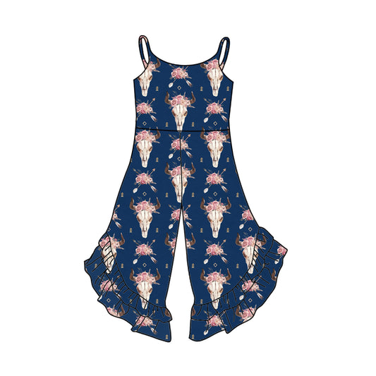 Preorder SR2832 Navy Blue Cow Flower ruffled Sleeveless Romper Overall Jumpsuit Girls Boutique clothes  202502