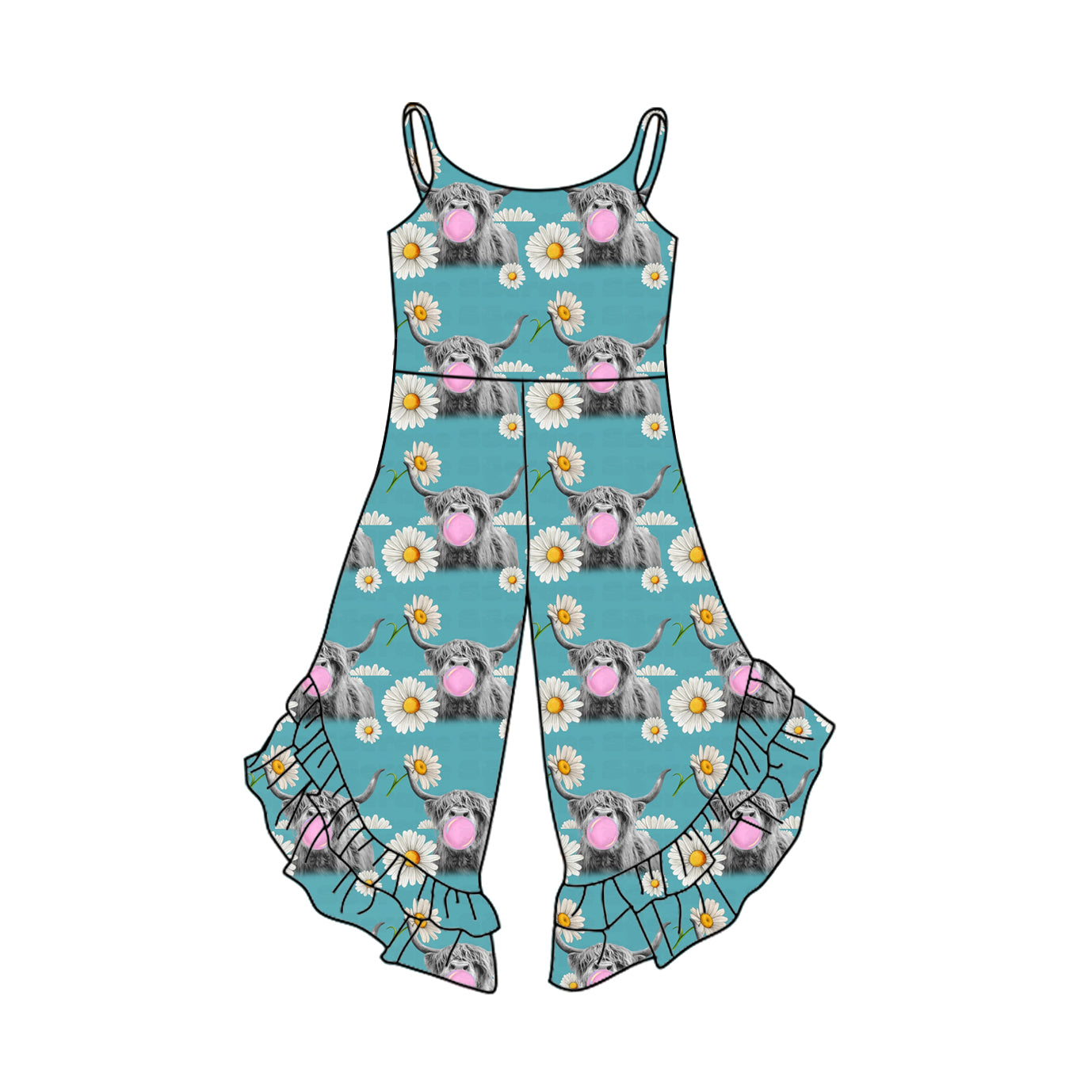 Preorder SR2833 Dark Green Cow Flower ruffled Sleeveless Romper Overall Jumpsuit Girls Boutique clothes 202502