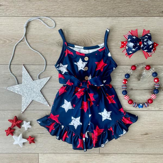 Preorder SR2836 Navy Blue Red Star ruffled Sleeveless Romper Overall Jumpsuit Girls Boutique clothes  202502