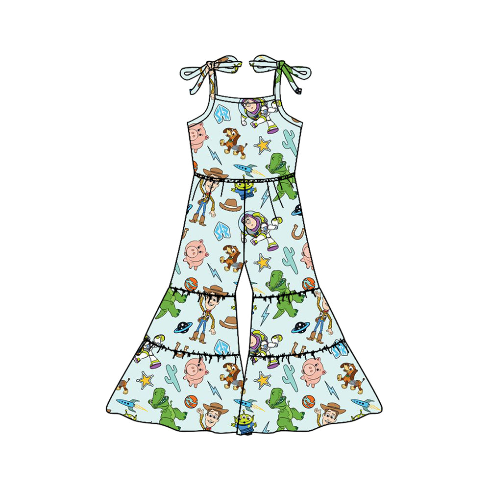 Preorder SR2837 Blue Green Toy Story Cartoon ruffled Sleeveless Romper Overall Jumpsuit Girls Boutique clothes 202502