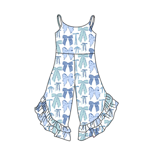Preorder SR2846 Haze blue ruffled bows Sleeveless Romper Overall Jumpsuit Girls Boutique clothes  202502