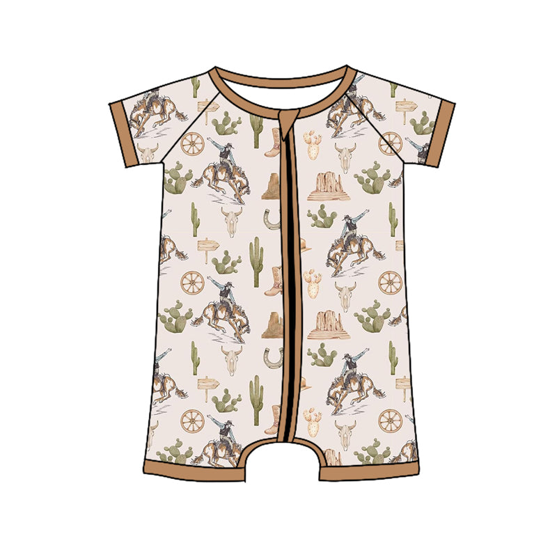 Preorder SR2852 Brown horse cactus rodeo fashion zippy short sleeve romper Infant boy Boutique outfit 202502
