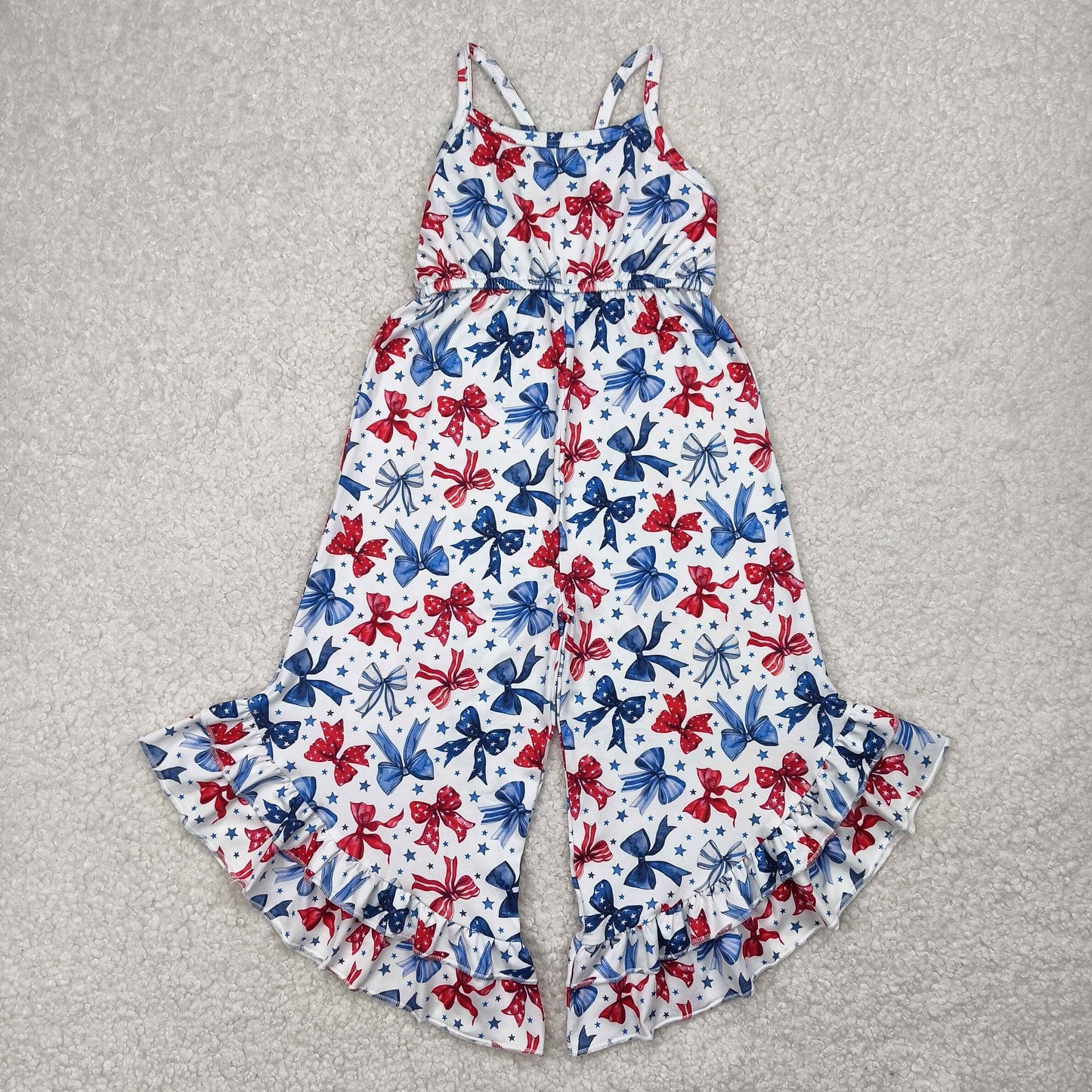SR2865 4th of July Red Blue Star Bows Sleeveless romper Ruffle Bell bottom overall jumpsuits Girls Boutique clothes 202504 RTS