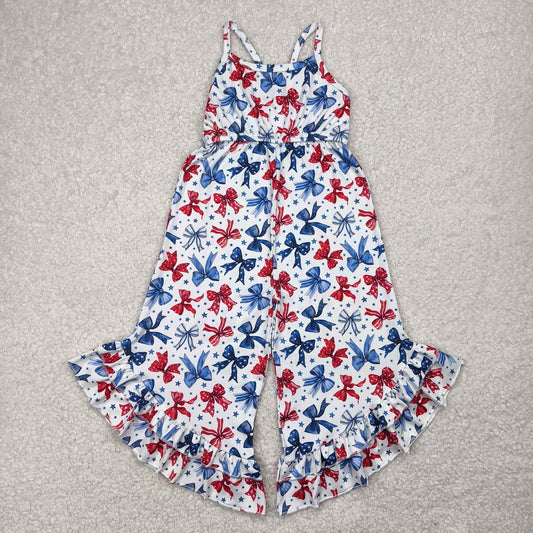 SR2865 4th of July Red Blue Star Bows Sleeveless romper Ruffle Bell bottom overall jumpsuits Girls Boutique clothes  202504 RTS