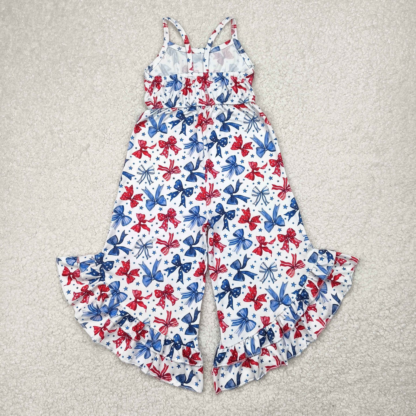 SR2865 4th of July Red Blue Star Bows Sleeveless romper Ruffle Bell bottom overall jumpsuits Girls Boutique clothes 202504 RTS