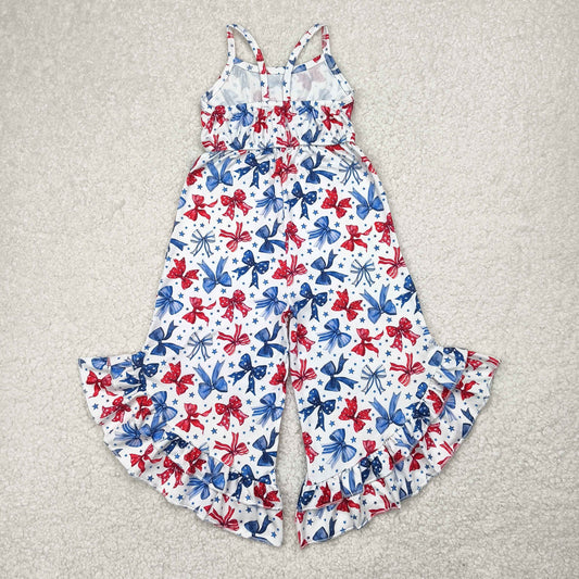 SR2865 4th of July Red Blue Star Bows Sleeveless romper Ruffle Bell bottom overall jumpsuits Girls Boutique clothes  202504 RTS