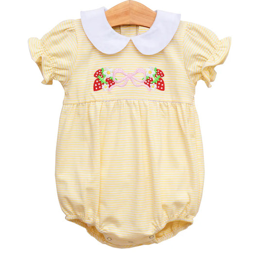 preorder SR2867 Yellow striped bows strawberry Doll collar short sleeve romper Girls Boutique outfits 202502
