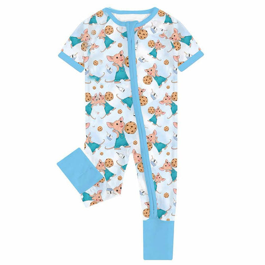 preorder SR2868 Blue Cartoon mouse cookie zip short sleeve romper Boys Boutique outfits 202502