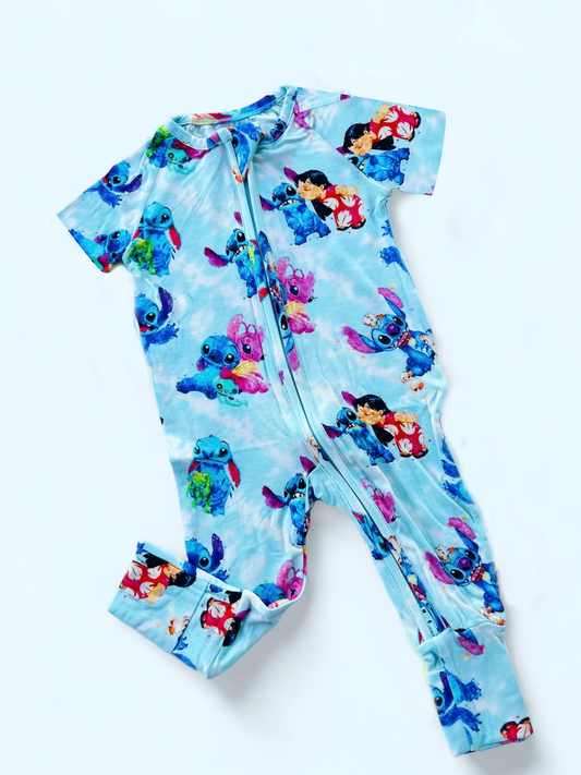 preorder SR2869 Blue Cartoon Stitch zip short sleeve romper Boys Boutique outfits 202502