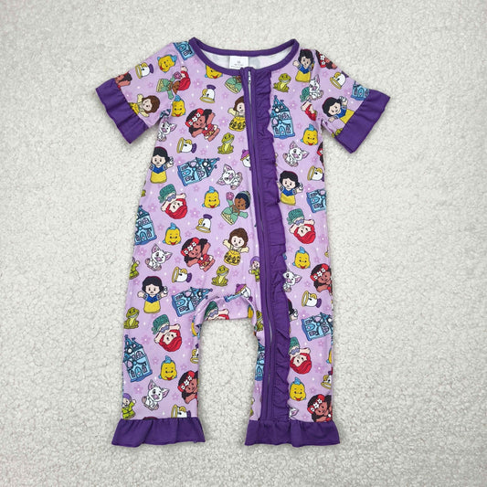 SR2870 Purple Ruffle Cartoon Disney princess zip short sleeve romper girls Boutique outfits 202504 RTS