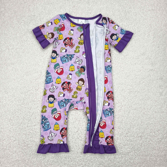 SR2870 Purple Ruffle Cartoon Disney princess zip short sleeve romper girls Boutique outfits 202504 RTS