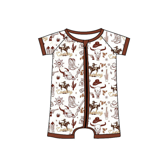 preorder SR2871 Red Brown Cowboys Rodeo Horse Boots zip short sleeve romper Boys Boutique outfits 202502
