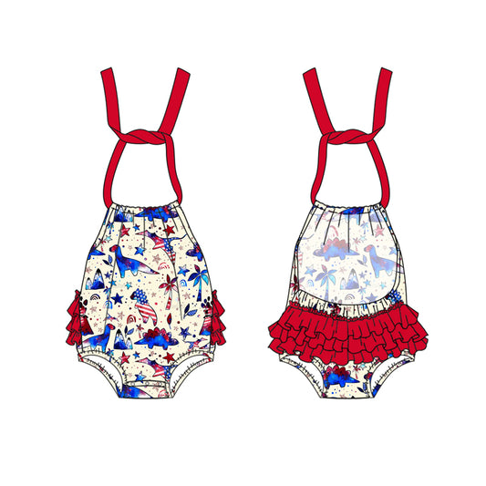 preorder SR2876 4th of July Independence Day Red Star Dinosaur Ruffled sleeveless romper Girls Boutique  outfits 202502