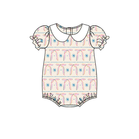 preorder SR2879 Beige Bows Star Puff Short Sleeve Romper Girls Boutique Outfits 202502