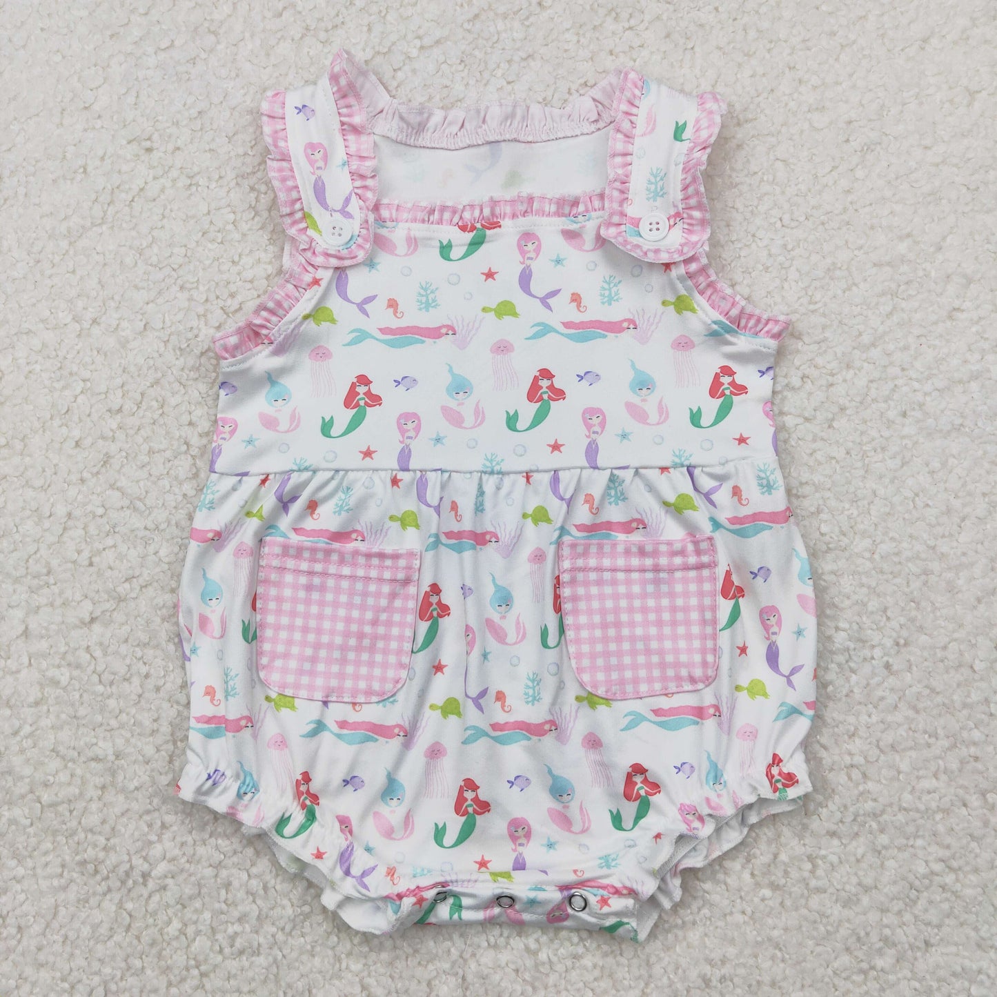 SR2880 Cartoon Mermaid Princess Pink White Plaid Pocket Ruffle Sleeveless Romper Girls Boutique Outfits 202504 RTS