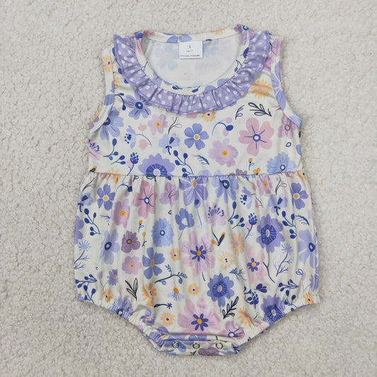 SR2883 Blue Purple Ruffle Flower Sleeveless Romper Girls Boutique Outfits 202503 RTS