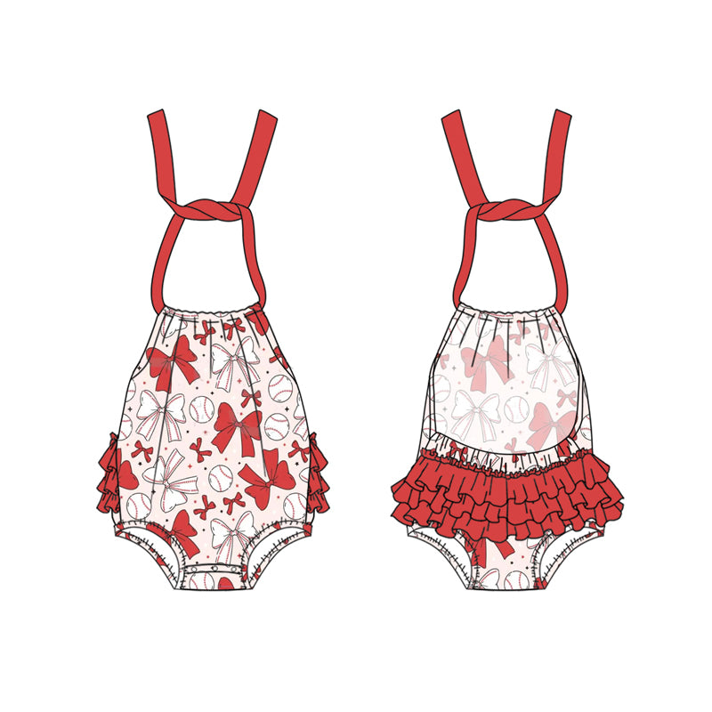 preorder SR2885 Red Baseball Bows Ruffle Sleeveless Romper Girls Boutique Outfits 202502