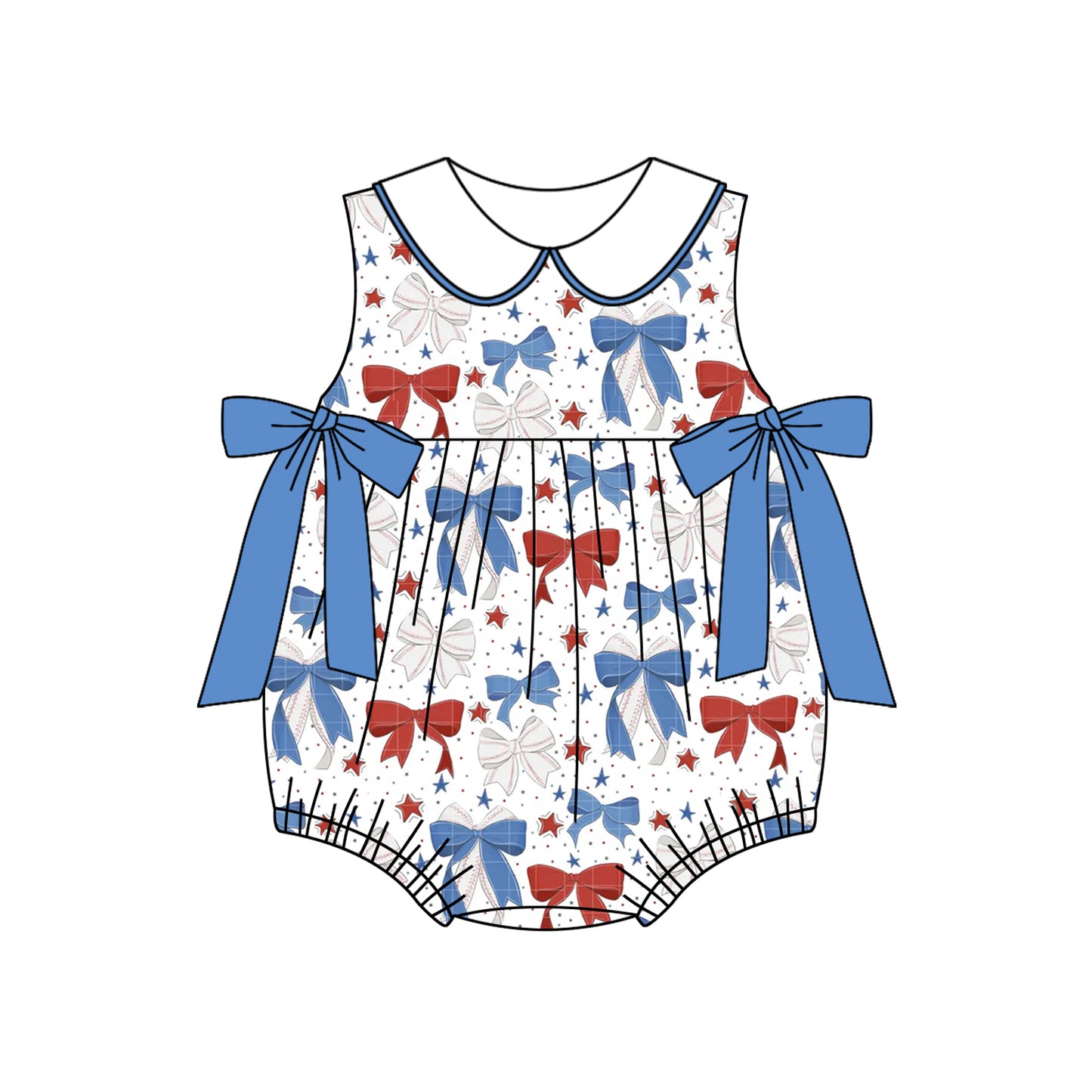 preorder SR2886 4th of July National Day Blue Red Star Bows Sleeveless Romper Girls Boutique Outfits 202502