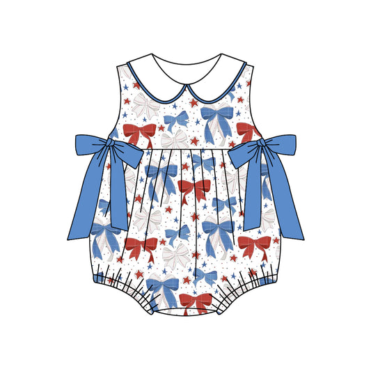 preorder SR2886 4th of July National Day Blue Red Star Bows Sleeveless Romper Girls Boutique  Outfits 202502