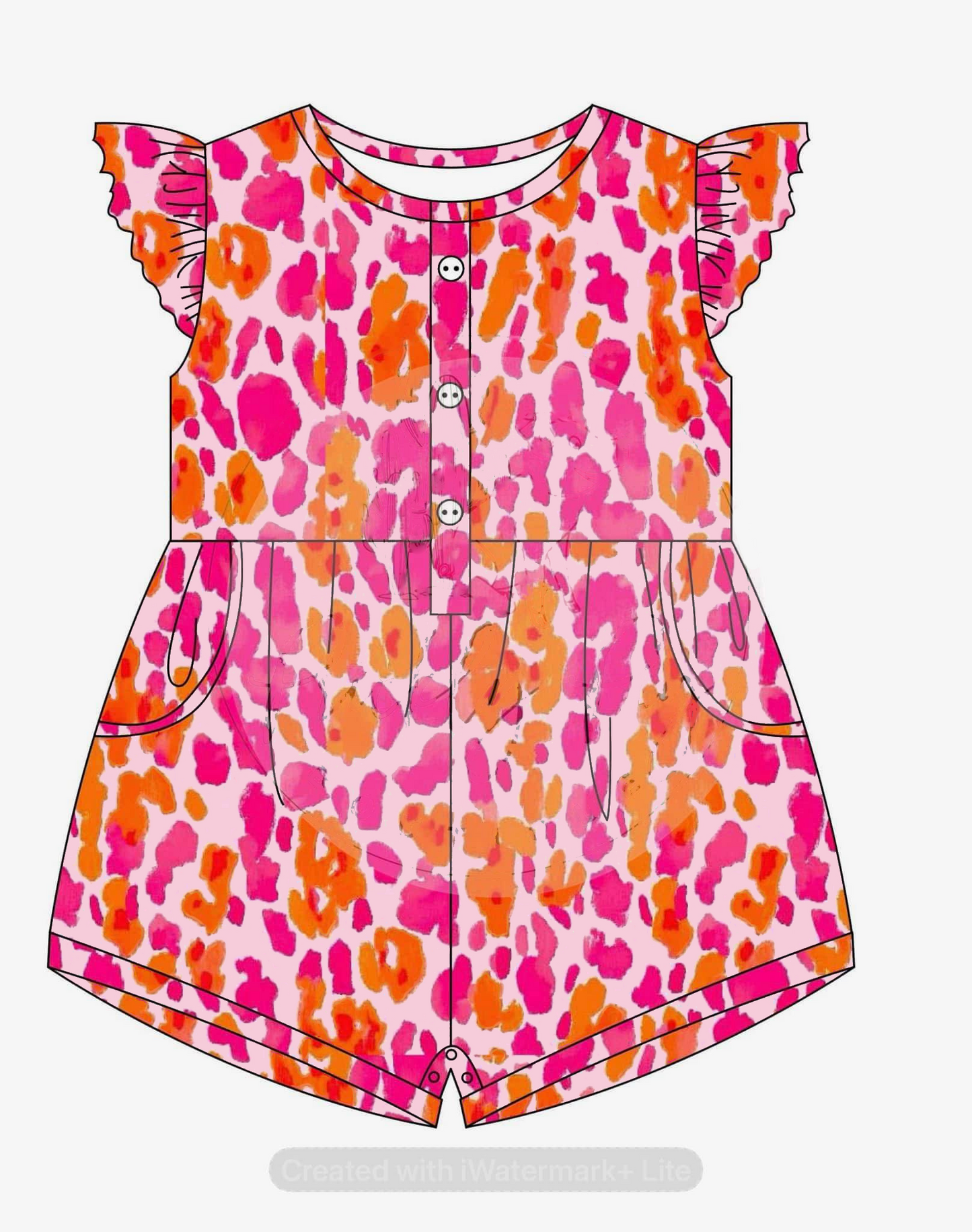 Preorder SR2887 Red-Orange Leopard Button Fly Sleeve Romper Overall Jumpsuit Girls Boutique Clothes 202502