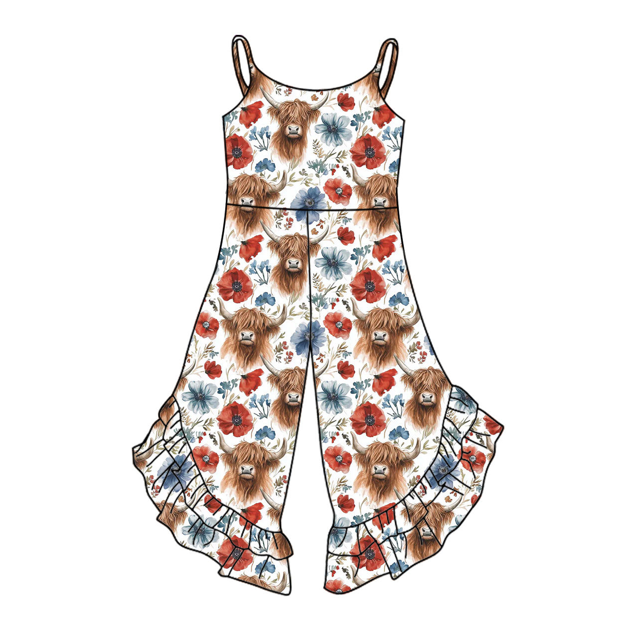 Preorder SR2888 Cow Flower Red Blue Sleeveless Romper Overall Jumpsuit Girls Boutique Clothes 202502