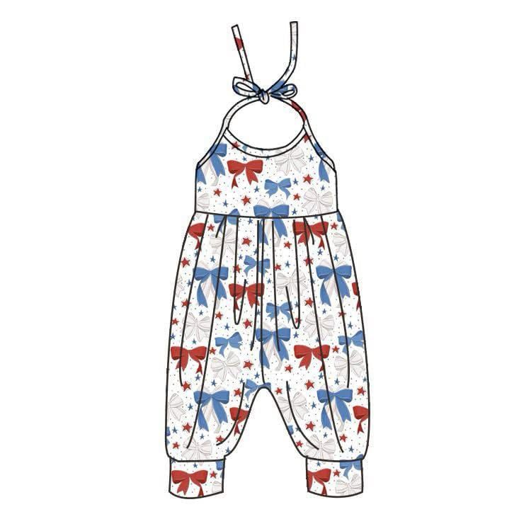 Preorder SR2889 4th of July USA Red Blue Bows Star Sleeveless Romper Overall Jumpsuit Girls Boutique Clothes 202502