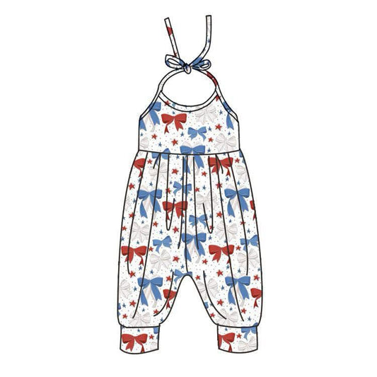 Preorder SR2889  4th of July USA Red Blue Bows Star Sleeveless Romper Overall Jumpsuit Girls Boutique Clothes  202502