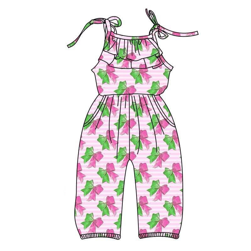 Preorder SR2890 Pink Green Bows Sleeveless Romper Overall Jumpsuit Girls Boutique Clothes 202502