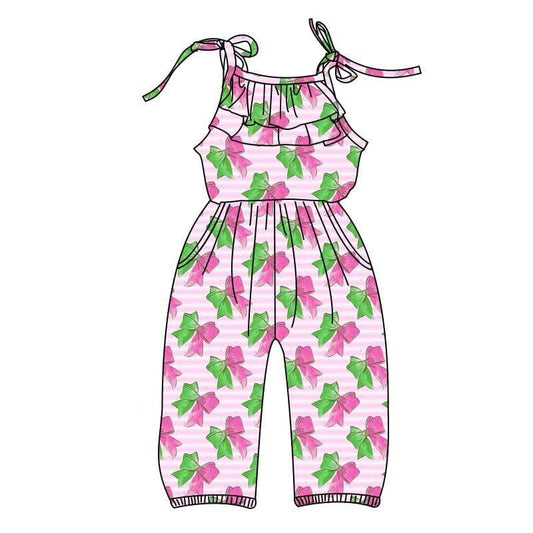 Preorder SR2890 Pink Green Bows Sleeveless Romper Overall Jumpsuit Girls Boutique Clothes  202502