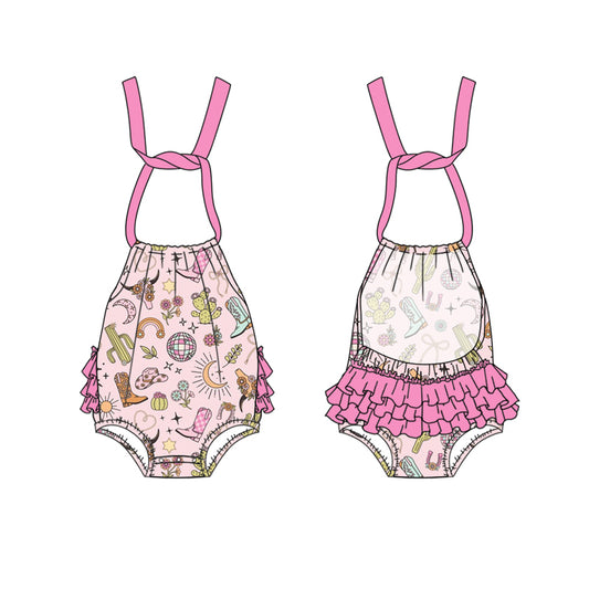 preorder SR2896 Rodeo children Cactus Boots Pink Ruffled Sleeveless Romper Girls Boutique Outfits 202503