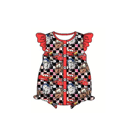 preorder SR2898 Cartoon Cars Plaid Red Fly Sleeve Romper Girls Boutique Outfits 202503