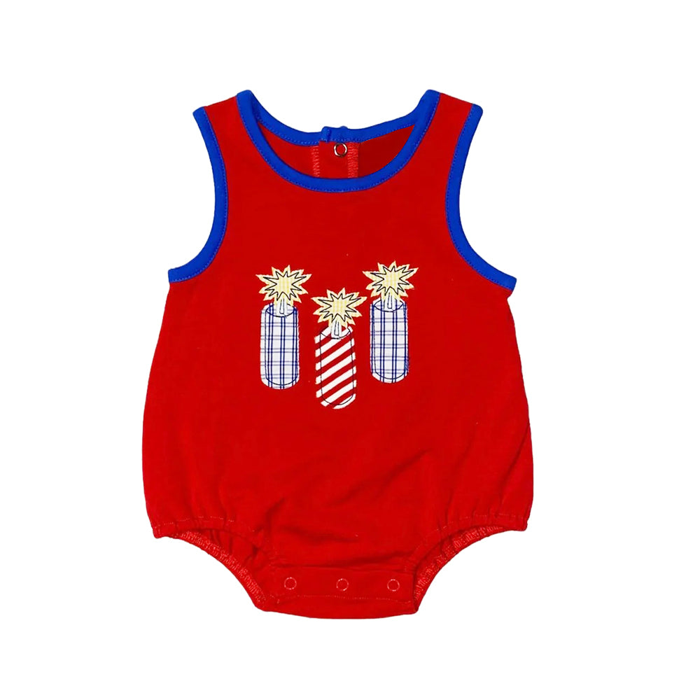 preorder SR2901 4th of July USA Red firecracker Sleeveless Romper Boys Boutique Outfits 202503