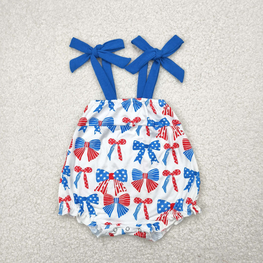 SR2902 4th of July USA Blue Red Bows Sleeveless Romper Girls Boutique Outfits 202504 RTS