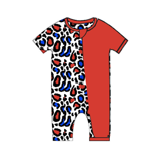 preorder SR2905 4th of July USA Red Blue Leopard Splice Zip Short Sleeve Romper Boys  Boutique Outfits 202503